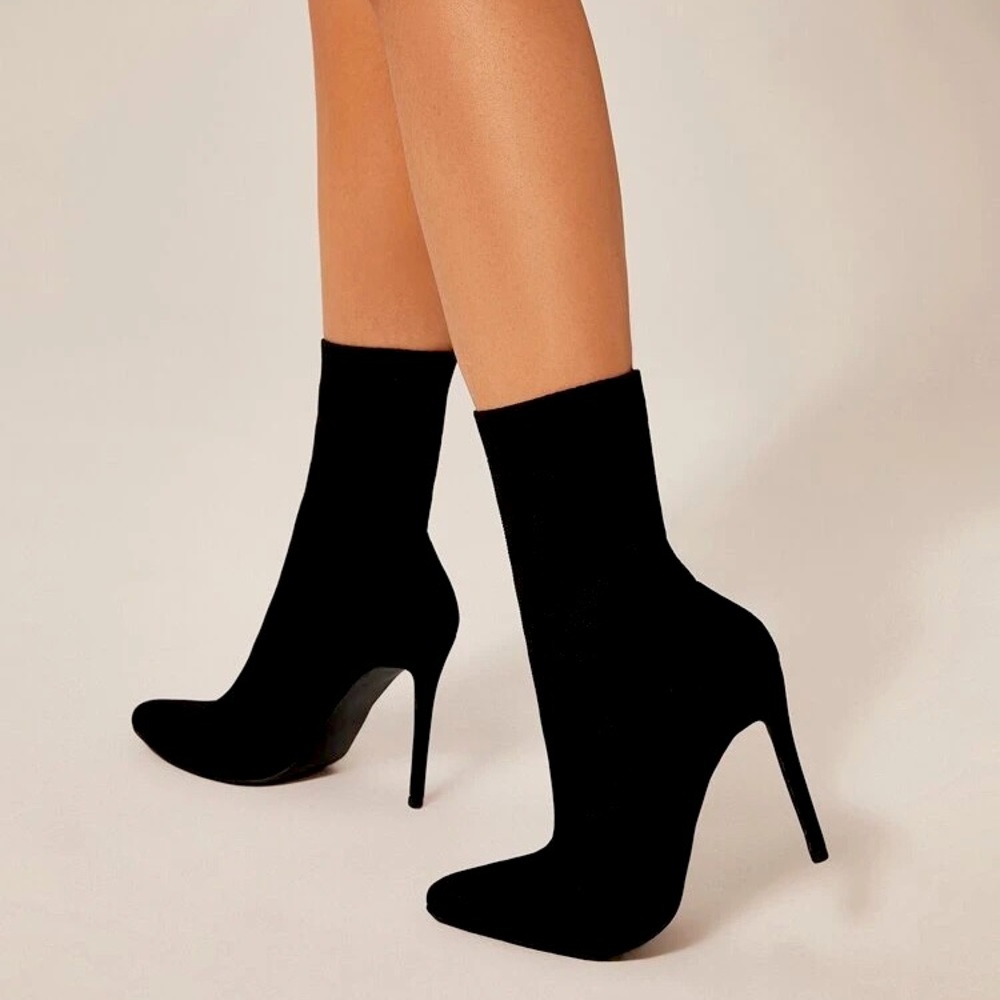 Zara Trafaluc Black Stretchy Sock Mesh Pointed Toe Ankle Boot Stiletto Heels - Picture 2 of 16